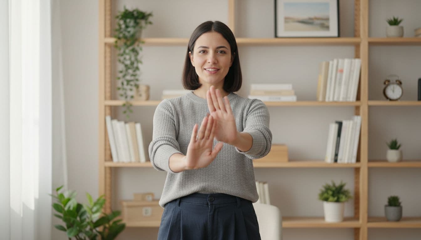A person in casual clothes stands confidently in a home office, gently saying no with open palms raised slightly and a relaxed, assured expression, against a simple bookshelves background in natural daylight.