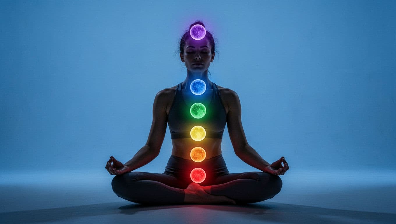 Silhouette of person seated in lotus position with seven colored chakra symbols glowing along spine on blue background.