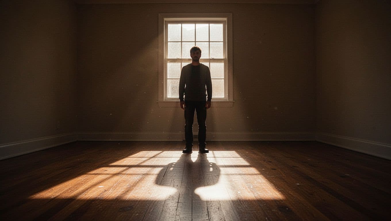 A solitary person stands in a dimly lit room with warm light from one window, their long shadow stretching across the wooden floor and subtly morphing into a vague humanoid figure with emotional expressions like anger or sadness.