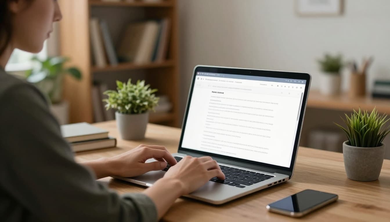 Side view of person at desk typing on laptop with faint article headings on screen, cozy setup with bookshelf and plant.