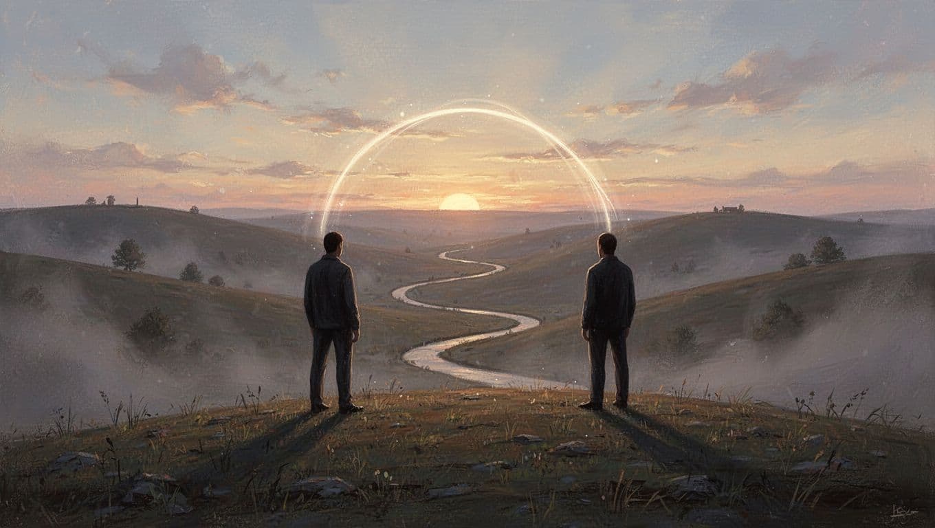 Soft glowing light connects two silhouetted figures standing apart on a misty hill at dawn, with paths curving toward each other amid rolling hills and a soft sky in painterly warm tones.