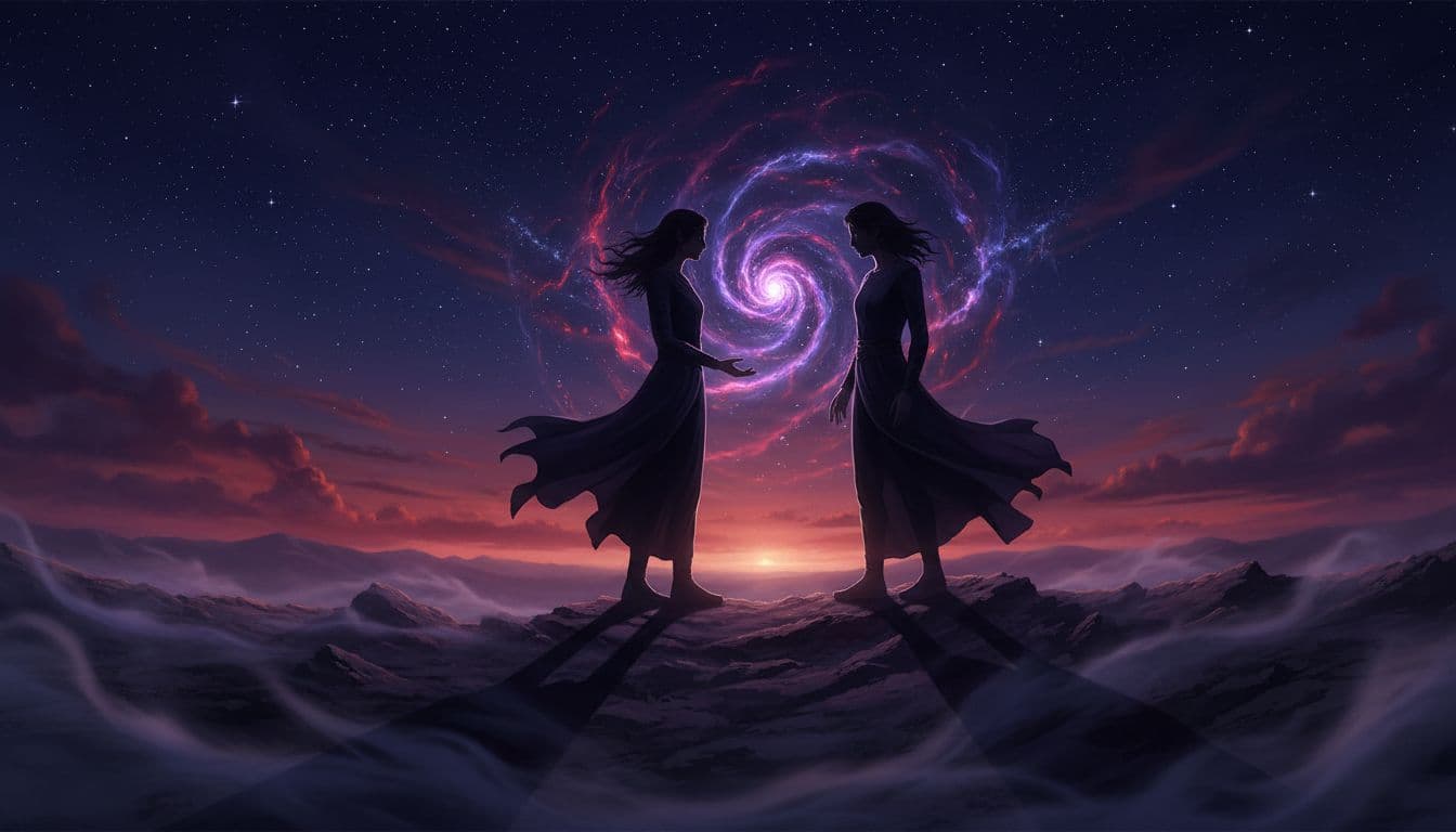 Two silhouetted figures locked in an intense gaze under a starry night sky with deep purple and crimson tones, magnetic energy swirling between them, dramatic side lighting, and ethereal mist.