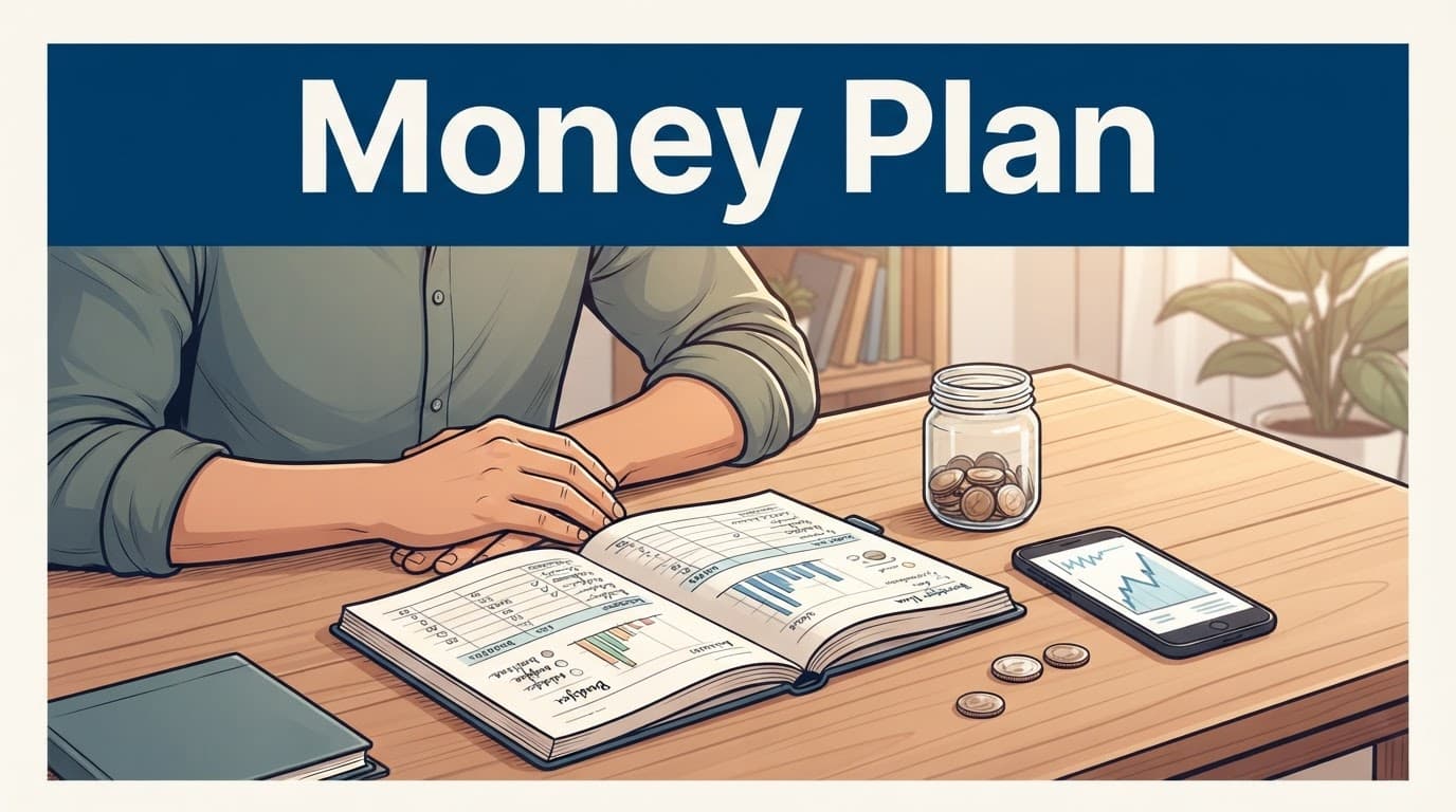 Desk with a budget notebook, savings jar, phone chart, coins, and relaxed hands.