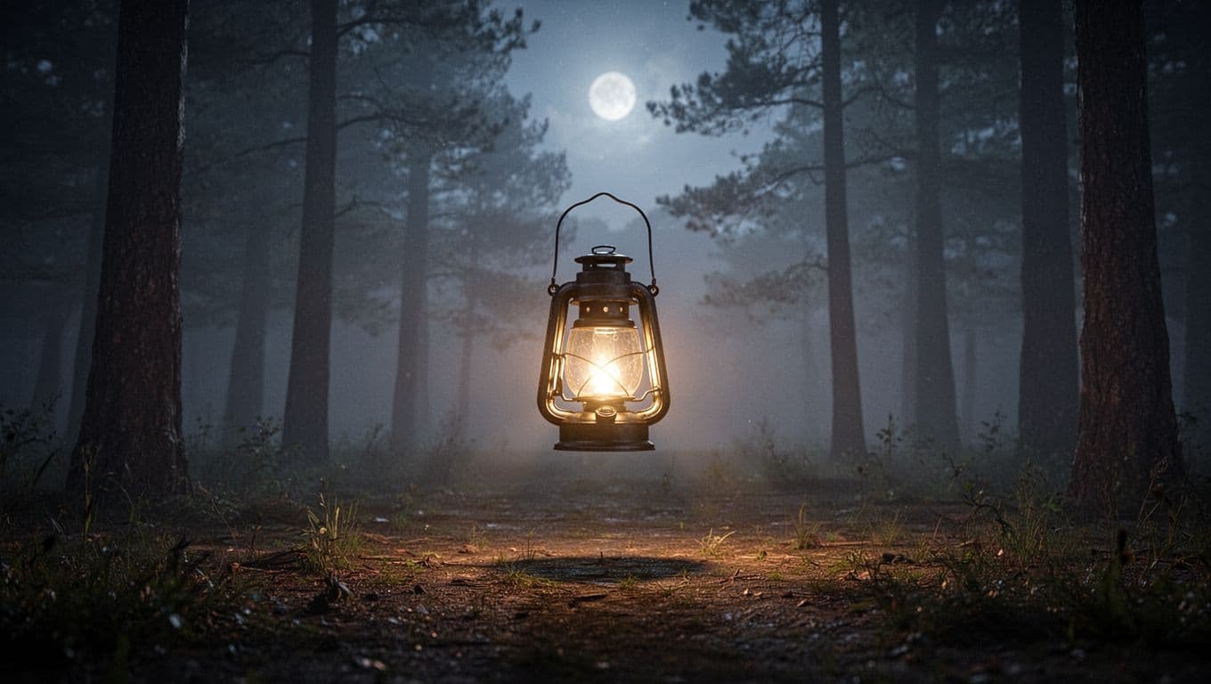 Soft glowing light from a single lantern illuminates subtle shadows in a misty forest clearing, evoking a serene night scene with warm highlights and cool shadows.
