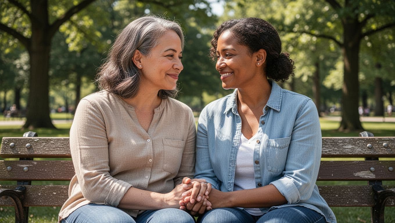Two adults sit closely together on a sunny park bench, smiling softly at each other with relaxed postures and a gentle hand hold, expressing trust, warmth, and peace amid green trees.