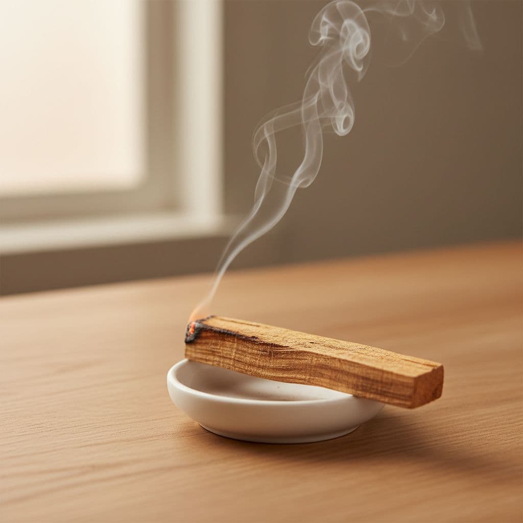 Palo santo stick with glowing ember at tip and thin white smoke rising gently, resting in a small white ceramic fireproof dish on light wooden table with warm ambient lighting.