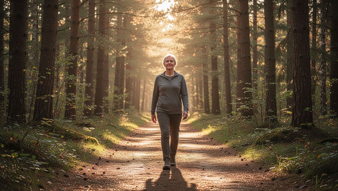 A solitary middle-aged person walks confidently along a forest path during golden hour, with sunlight filtering through trees, symbolizing personal growth and inner determination.