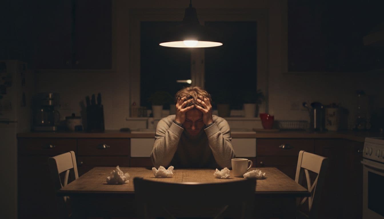 A solitary person sits at a wooden kitchen table late at night, head resting on hands, gazing downward with an exhausted thoughtful expression under dim warm lamp light casting soft shadows.