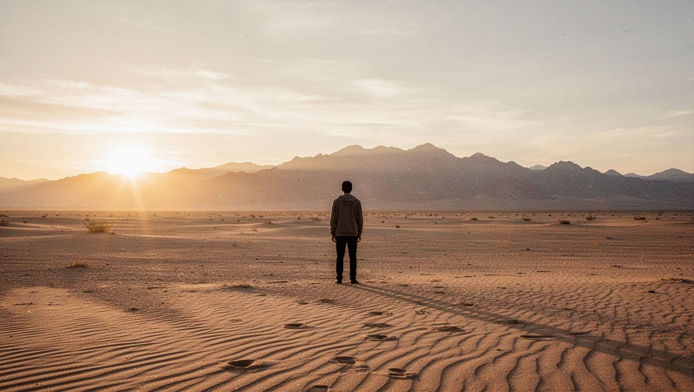 A solitary figure stands in a vast quiet desert at dawn, gazing toward distant mountains, with soft golden light illuminating the scene in a realistic style using warm earthy tones.