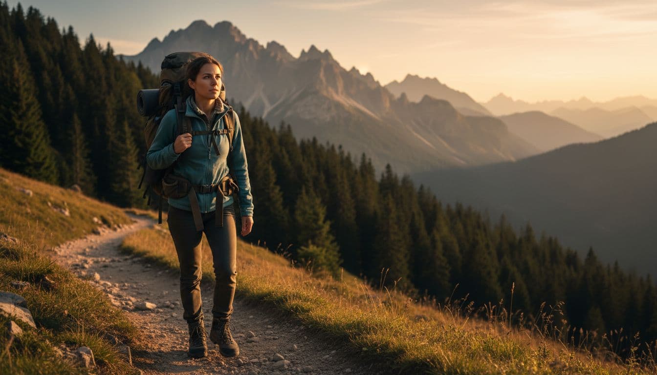 Solitary hiker walks forward on sunny mountain path with dark forest behind at golden hour.