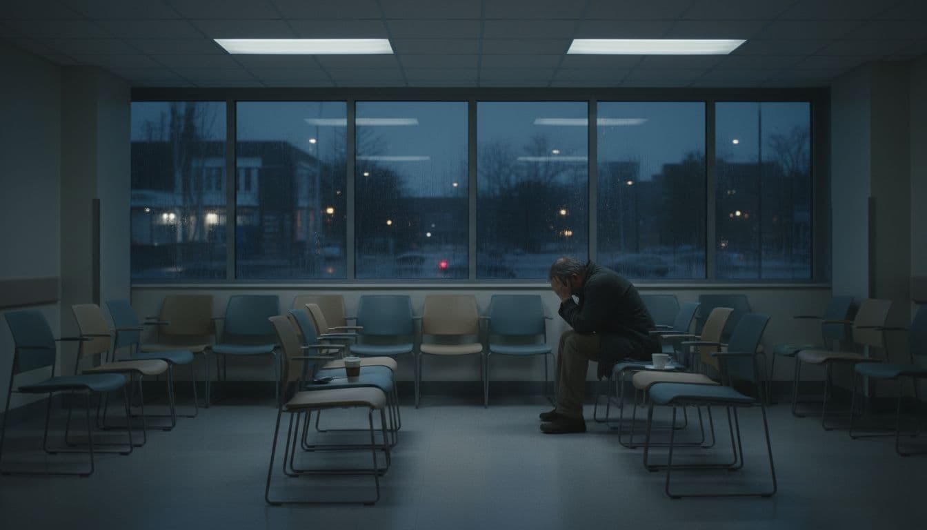 A middle-aged person sits alone in an empty hospital waiting room at night, head bowed in thought under fluorescent lights, with a rainy night visible through the window.