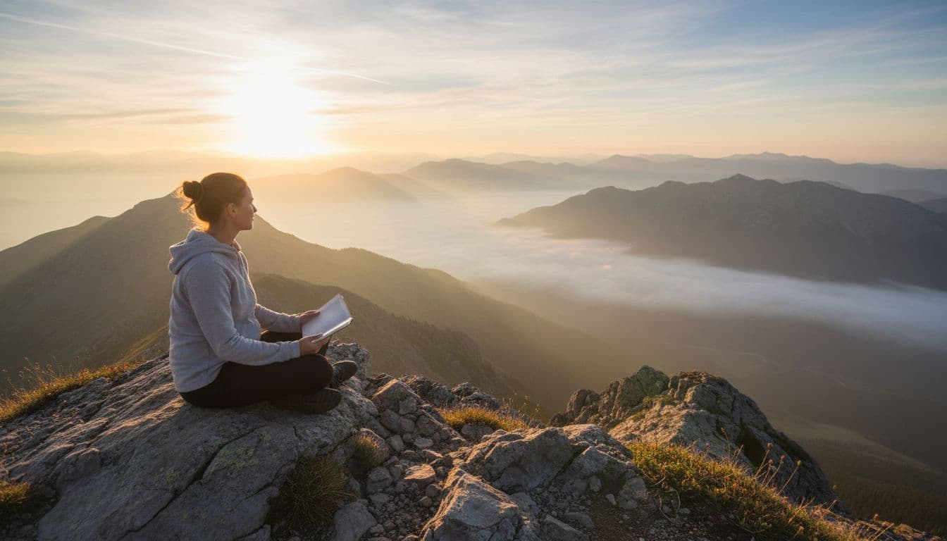 A solitary person sits cross-legged on a rocky mountain overlook at dawn, holding an open journal on their lap with relaxed hands, gazing peacefully over a vast foggy valley illuminated by rising sun rays in warm golden hour light.