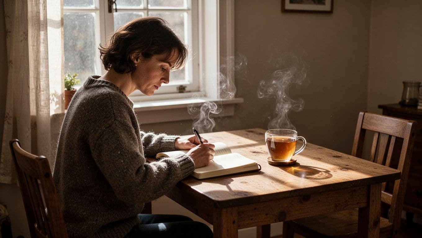 Solitary person at wooden desk by sunlit window writes in open journal with steaming tea nearby.