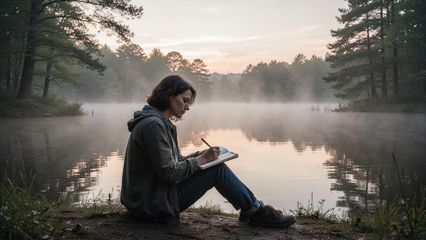 A person sits alone by a calm lake at dawn, journaling in a notebook with a pen, adopting a relaxed pose and reflective expression amid misty waters and trees in peaceful natural lighting.