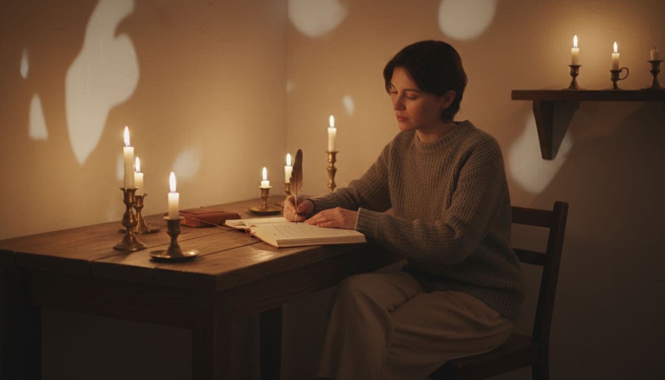 One person sits alone at a wooden desk in a candlelit room, journaling intently with an introspective expression as shadows play on the walls.