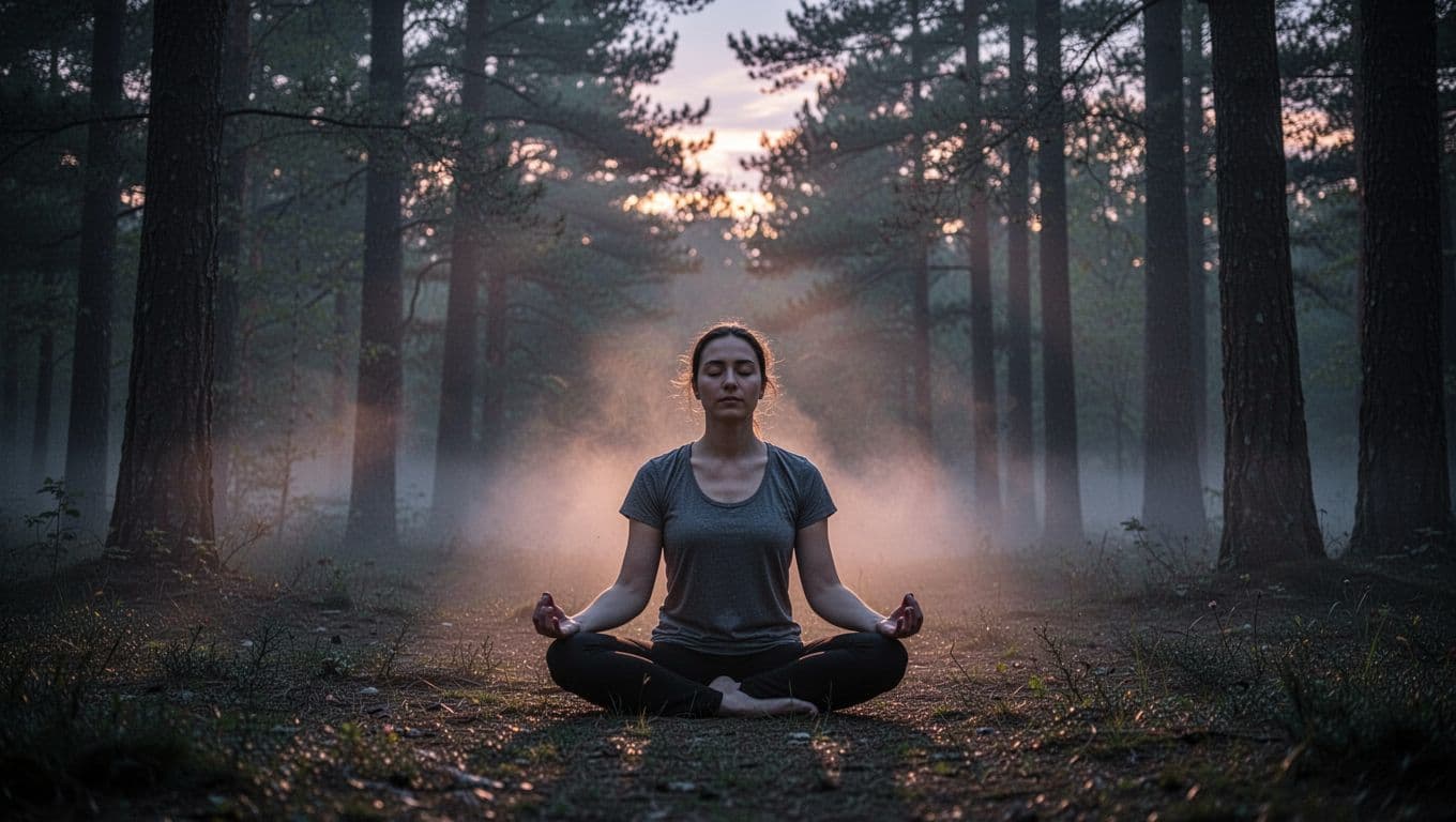 A solitary person sits cross-legged with eyes closed in meditation within a quiet forest clearing at twilight, enveloped by soft mist and subtle rays of light piercing through the trees, symbolizing inner peace during spiritual transition.