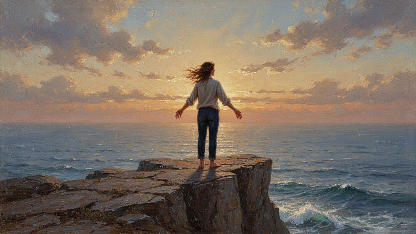 A single person stands on a rocky cliff edge overlooking a vast calm ocean at sunset, arms slightly open in trust, wind blowing hair gently under dramatic peaceful skies in realistic painting style with warm golden hour lighting.