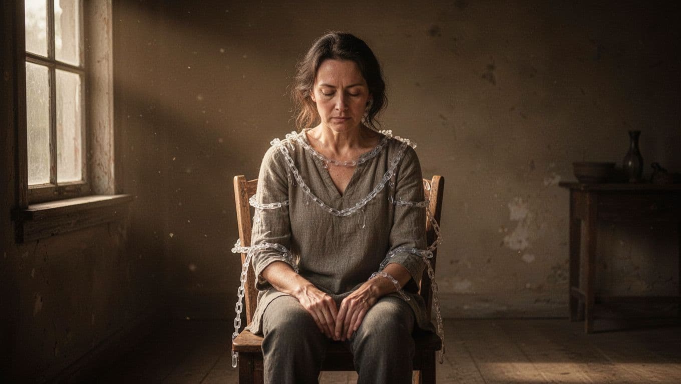 Person sits alone in dimly lit cozy room, head bowed eyes closed, faint ethereal chains around shoulders and arms, soft window light on face.