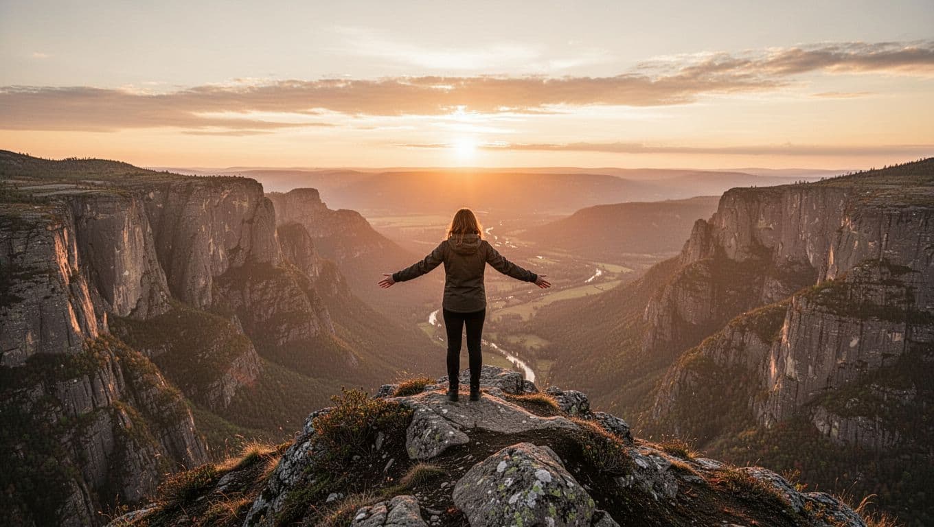 A lone person stands triumphantly on a rugged mountain peak at sunset, arms slightly outstretched, gazing longingly at the expansive landscape below under warm golden hour light.