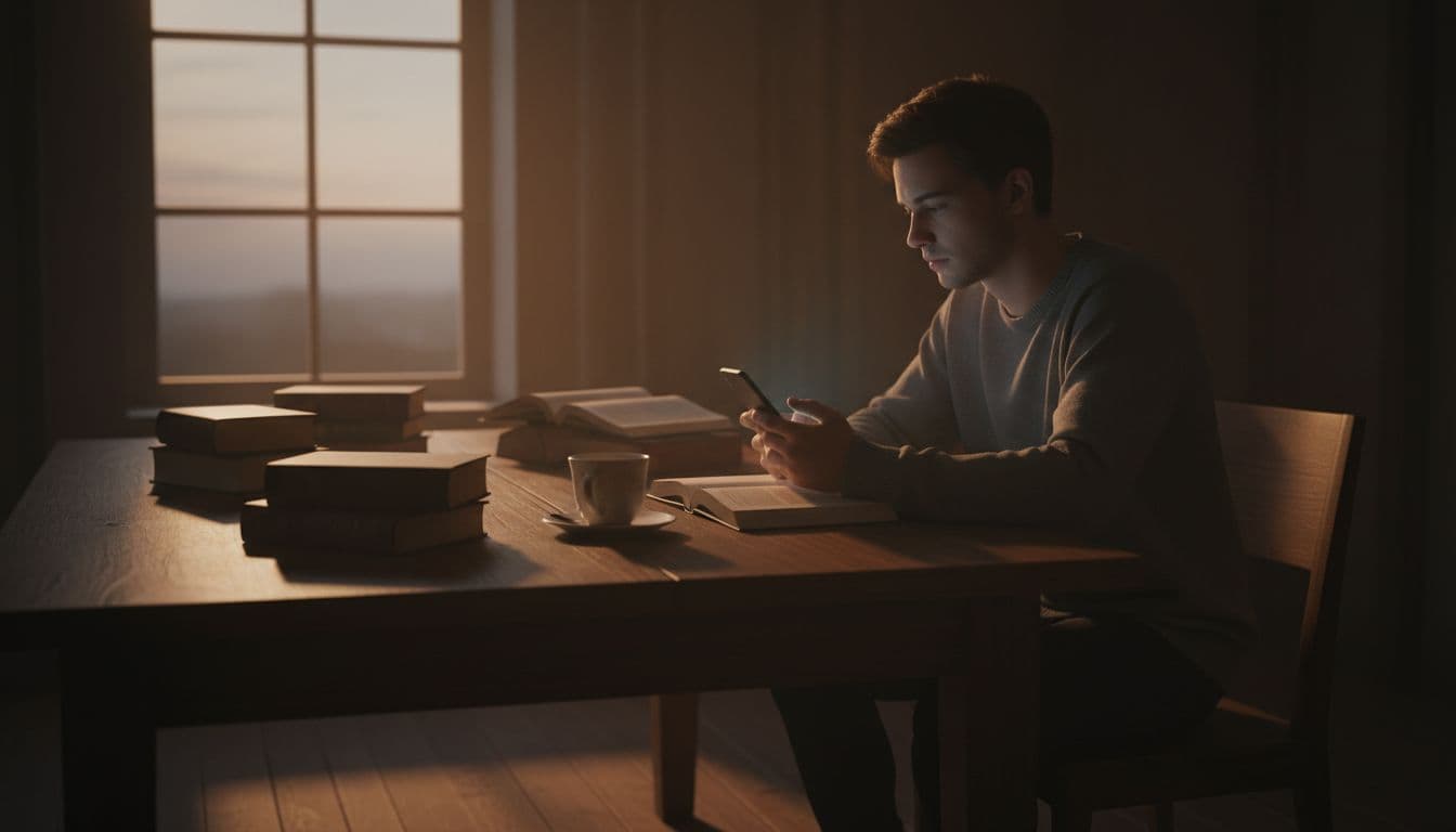 A lone person sits in a dimly lit room at dusk, staring wistfully at their phone amid untouched books and cold coffee, illuminated by soft window light.