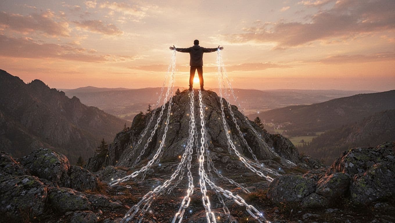 A confident solitary person stands on a rocky mountain peak during golden hour sunrise, arms outstretched as glowing ethereal chains fall into the valley below, symbolizing personal healing and growth after twin flame pain.