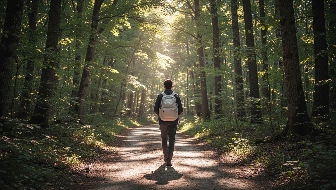 Lone figure with backpack walks winding forest path from shadows into bright sunlight amid green trees.