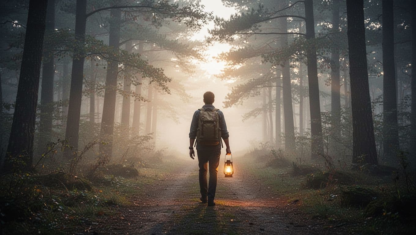 A lone person walks purposefully alone on a misty forest path toward a bright horizon, carrying a small lantern in soft morning light, evoking purposeful solitude and personal growth.