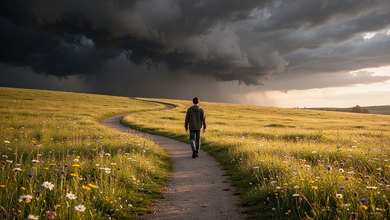 Lone person walks winding path from dark stormy background with arguing couple silhouettes to sunny wildflower meadow.