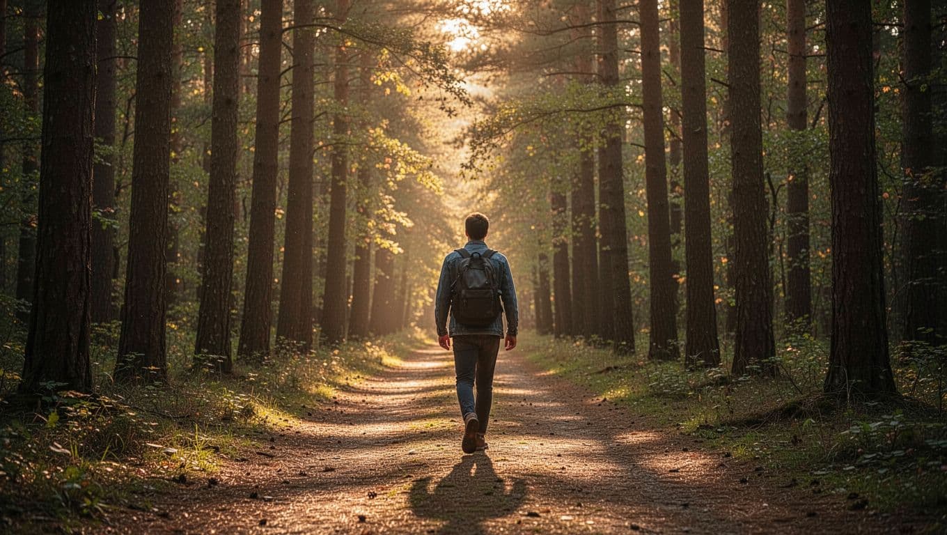 A solitary figure strides away down a sunlit forest path lined with tall trees, shadows fading behind as bright light filters through leaves ahead, symbolizing hope, freedom, and spiritual growth from leaving a toxic relationship.