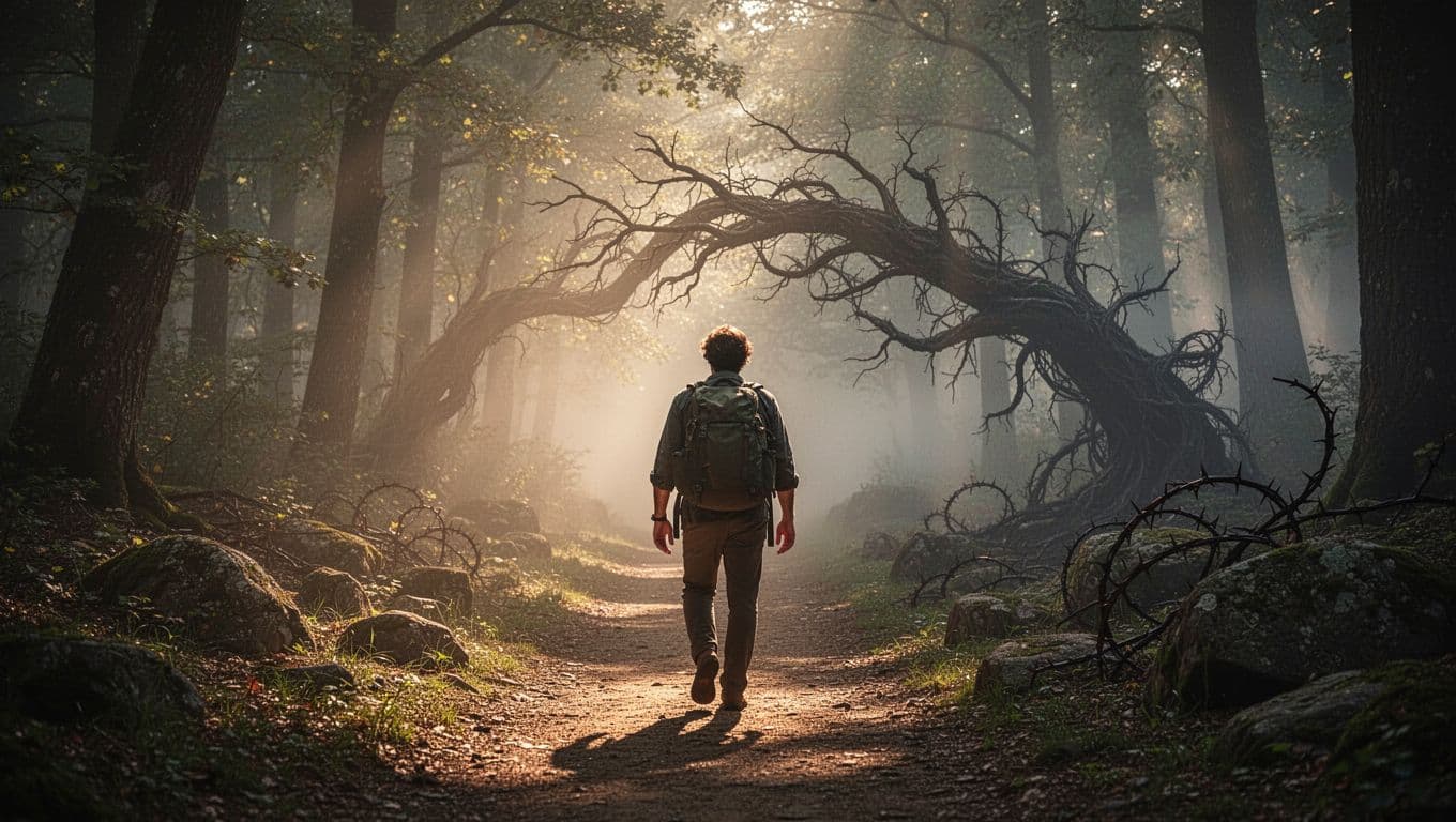 A solitary figure walks peacefully on a sunlit forest path ahead, with a dark foggy trail branching into shadows and subtle dangers behind.