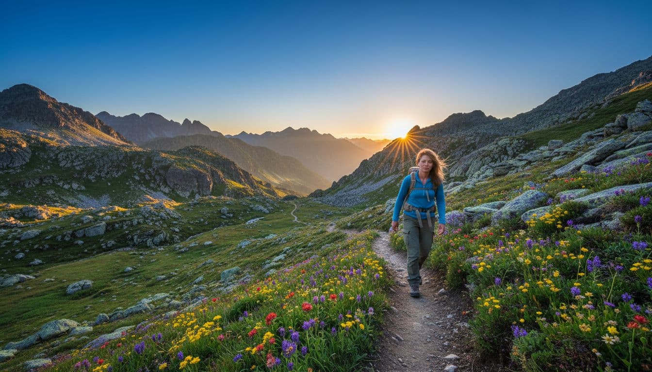 A mid-30s hiker with a light backpack strides purposefully up a winding mountain trail toward a distant glowing horizon, surrounded by rugged peaks and wildflowers under a clear blue sky in realistic photography style.