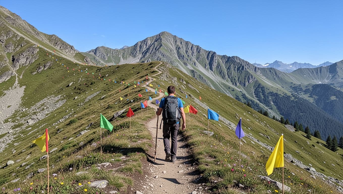 A single hiker climbs a clear mountain path marked by small flags, carrying backpack and walking stick under blue sky.