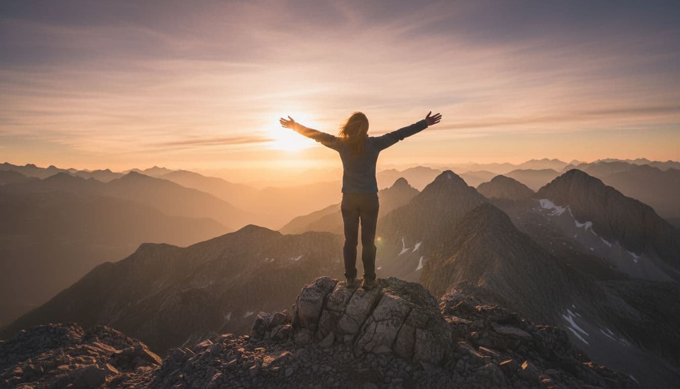 A single person stands with arms outstretched on a mountain top at sunrise, golden light illuminating them.