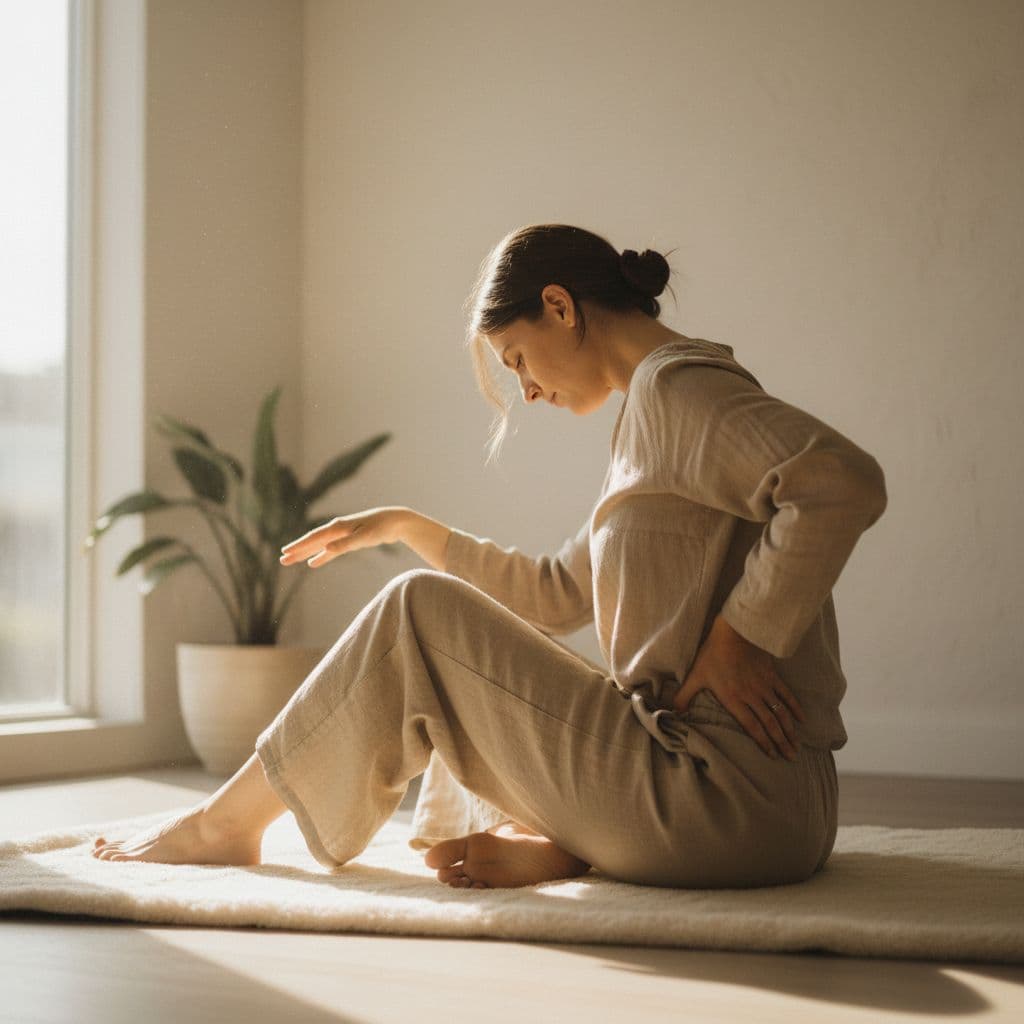 A person practices gentle somatic movement on a mat in a calm, sunlit room.