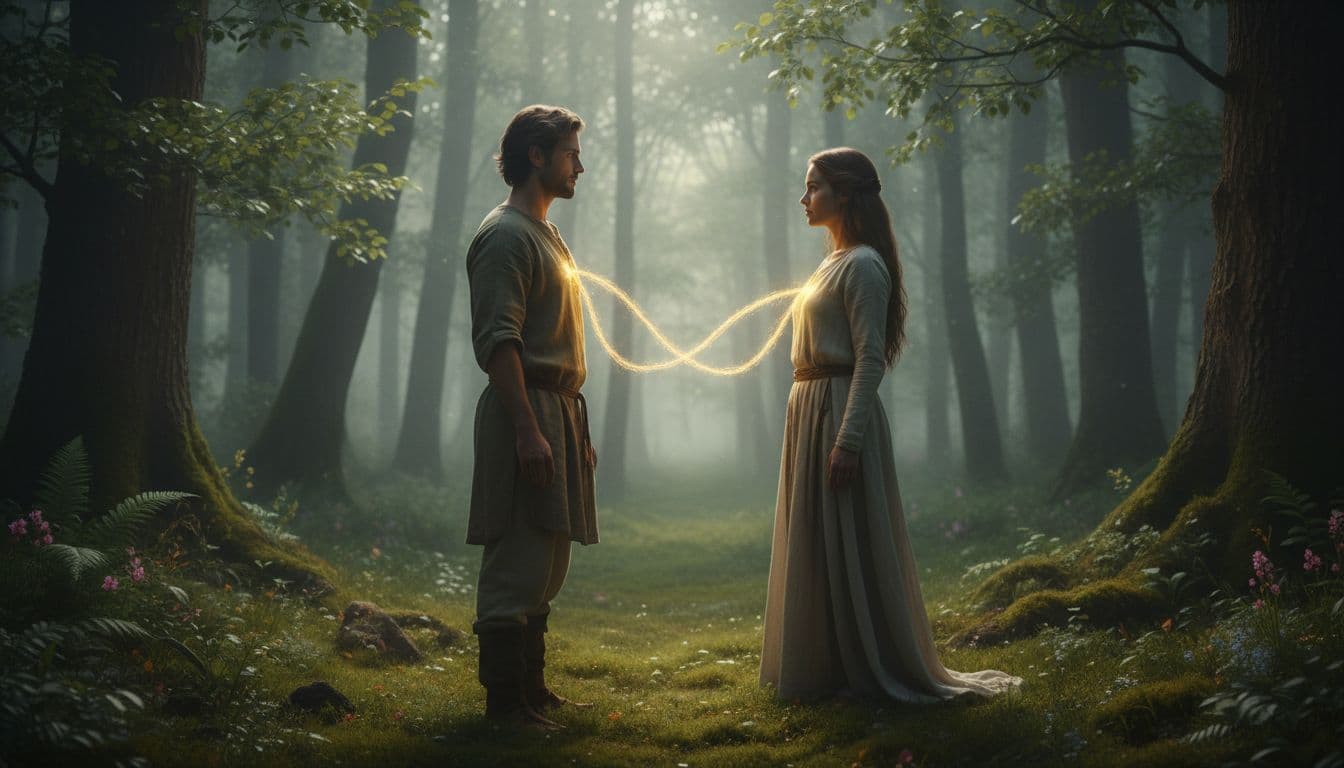 Two people face each other in a forest clearing at dawn, eyes locked intensely with a subtle golden glow connecting their hearts.