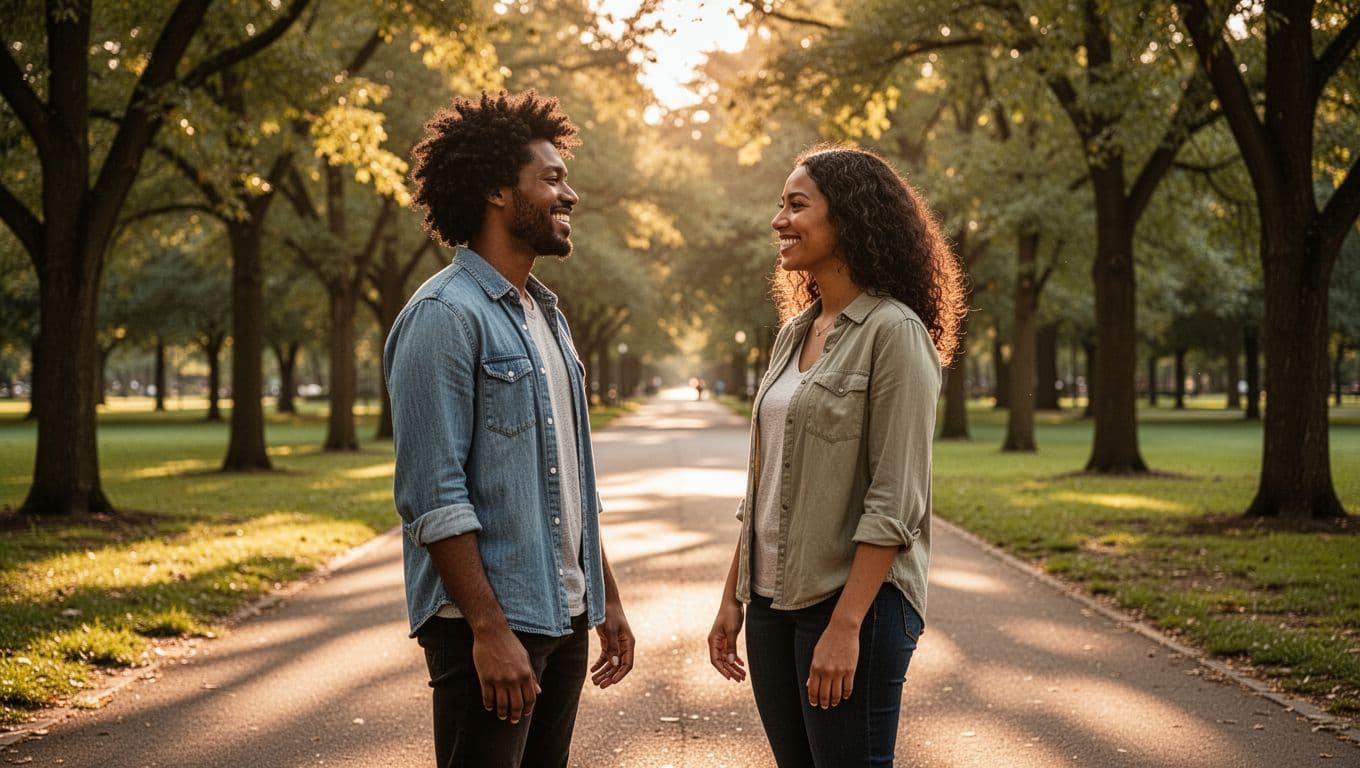 Two diverse adults meet eyes on a sunlit park path, sharing an instant deep connection through warm smiles and open body language, captured in realistic golden hour lighting with trees in the background.