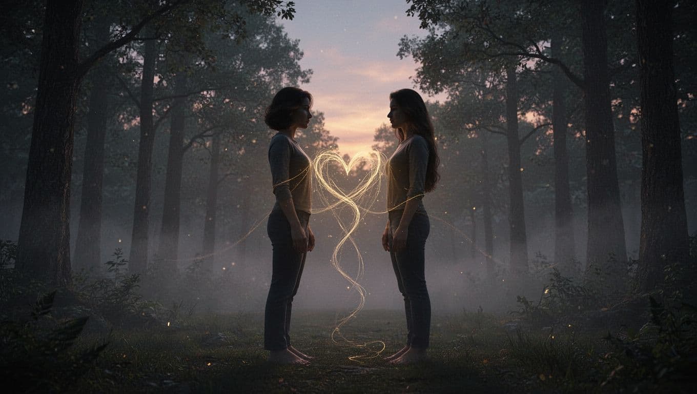 Two silhouetted figures stand face-to-face in a serene misty forest at dusk, connected by faint golden threads from heart to heart, symbolizing spiritual soul recognition.