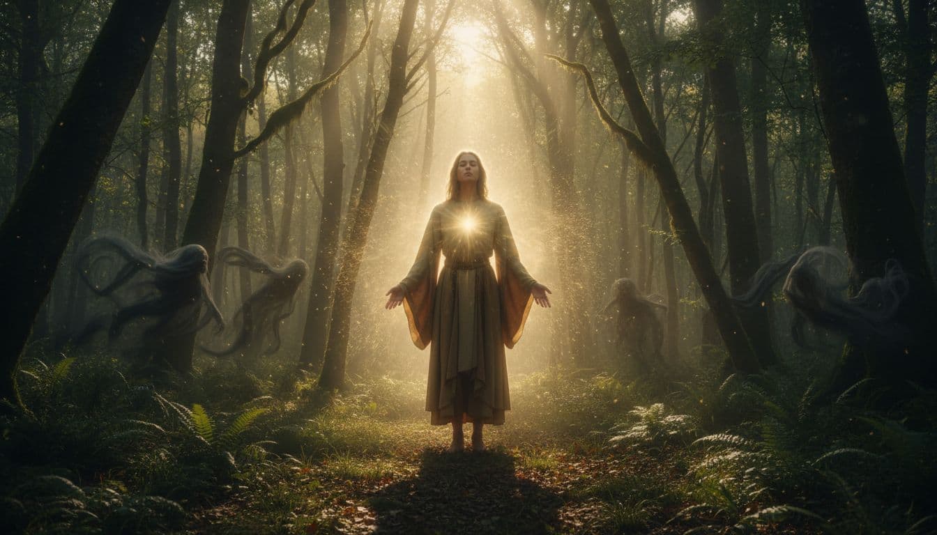 A single person stands in a peaceful forest clearing at dawn, radiating soft golden light from their heart and aura, with subtle dark misty figures approaching curiously from the trees in a serene, ethereal atmosphere.