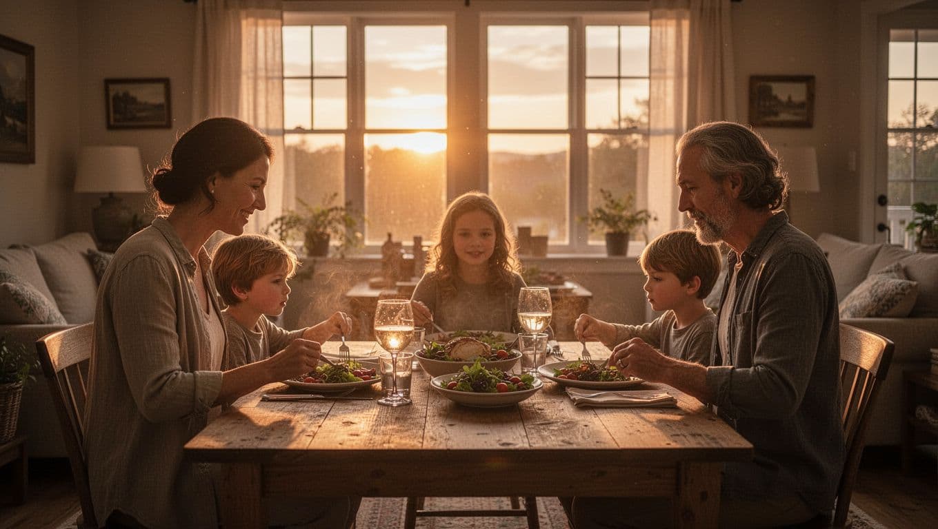 A warm family of parents and two children shares a meal around a wooden table in a cozy home at sunset, with soft golden light and an ethereal glow suggesting soul connections.