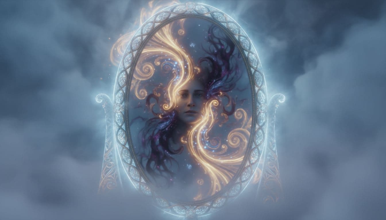 A person stands before a glowing mirror in an ethereal room, reflecting their face with swirling light rays for strengths and dark shadows for hidden wounds.