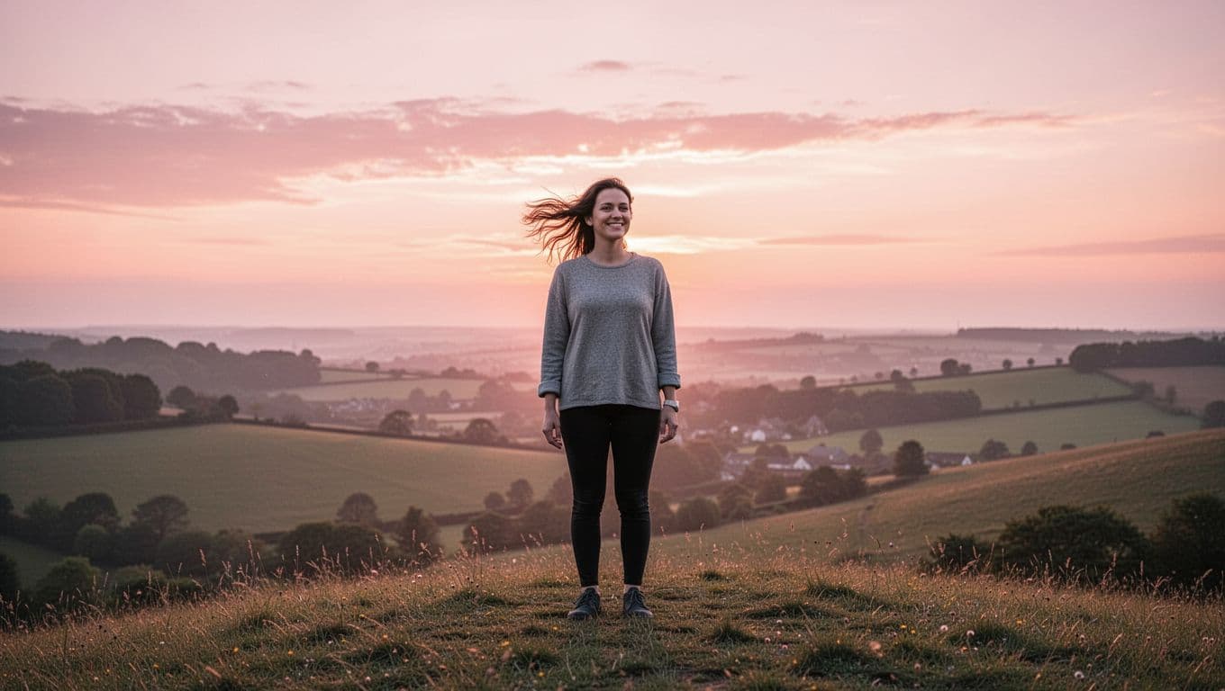 Exactly one person stands on a gentle hill overlooking a serene valley at early dawn, under a soft pink and orange sky with a light breeze ruffling their hair slightly and a quiet hopeful subtle smile, arms relaxed at sides in natural soft warm light, photorealistic style.