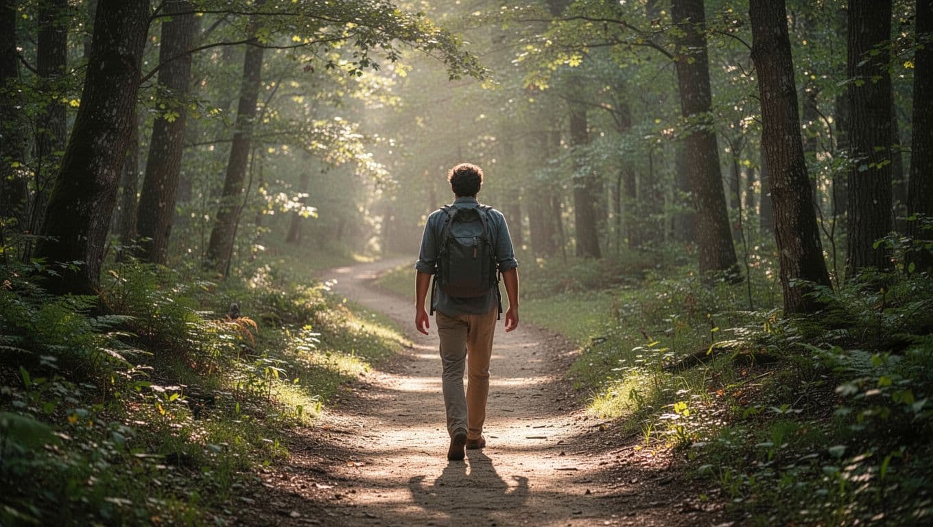 A single person walks steadily along a winding dirt path through a lush green forest, morning sunlight filtering through leaves to create soft dappled light, emphasizing forward steps and calm posture in realistic photography.