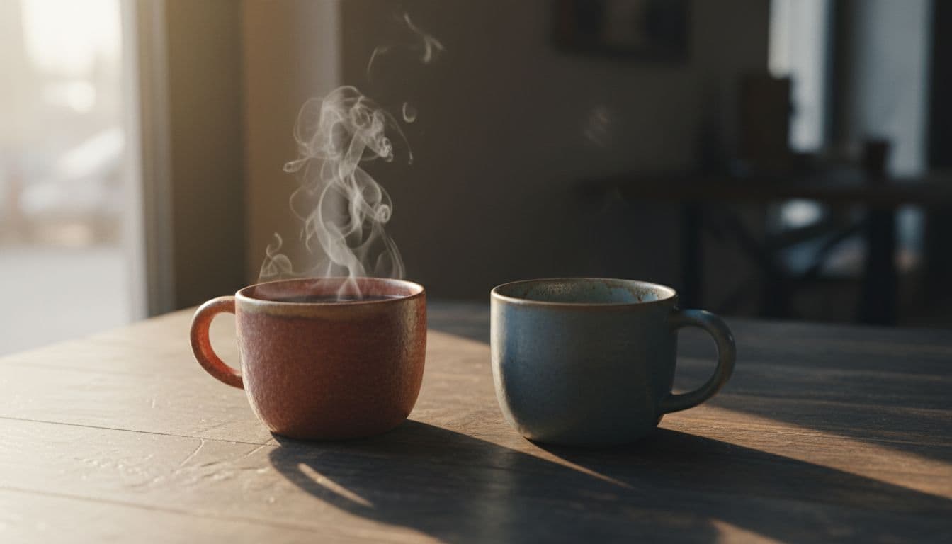 A close-up of two coffee mugs on a wooden table in a quiet cafe, one steaming with fresh coffee and the other empty and cold, bathed in soft natural light from a window.