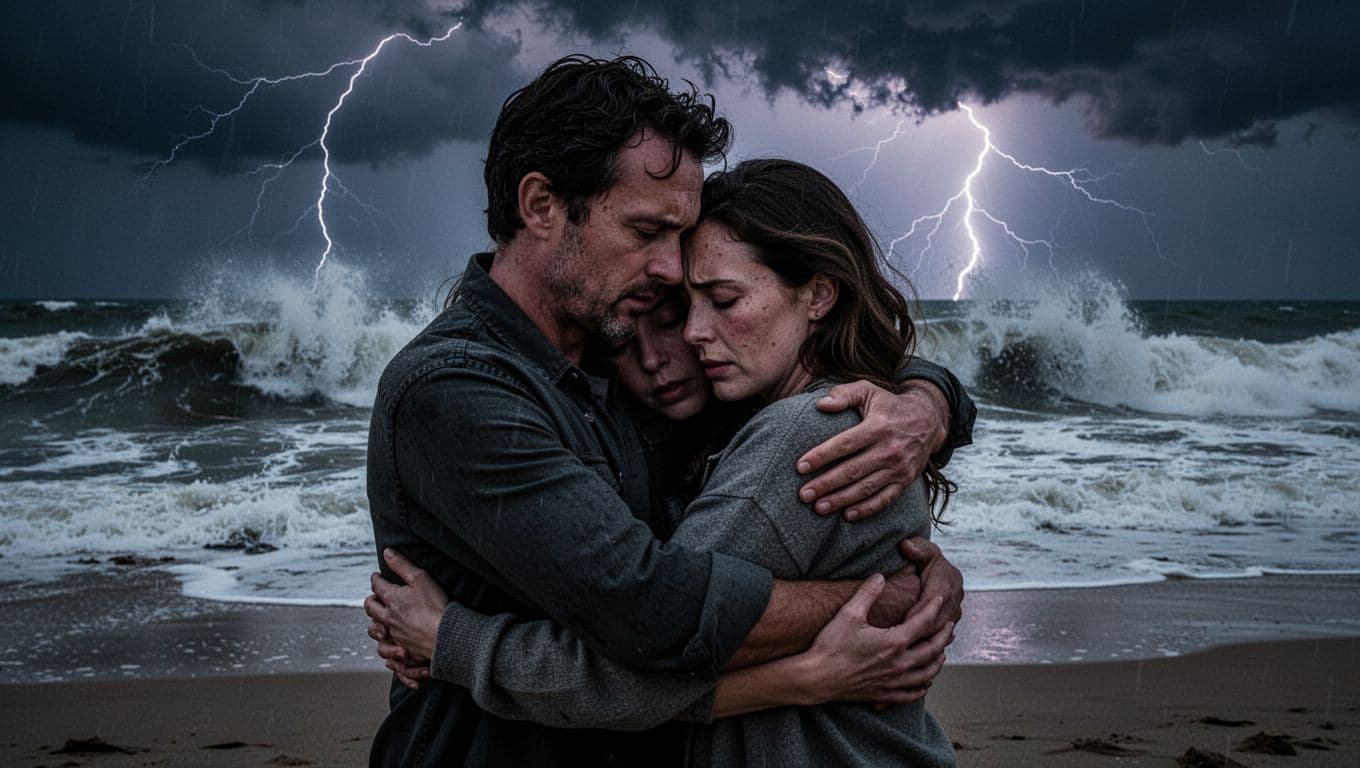 Man and woman embrace tightly on twilight beach with crashing waves, dark clouds, lightning, faces showing longing and pain.
