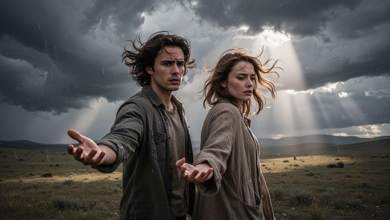 A couple standing close in a stormy outdoor scene with dark clouds and wind-swept hair, one reaching out while the other turns slightly away, expressions of intense emotion mixing longing and turmoil, dynamic composition, realistic dramatic lighting with rays breaking through clouds.