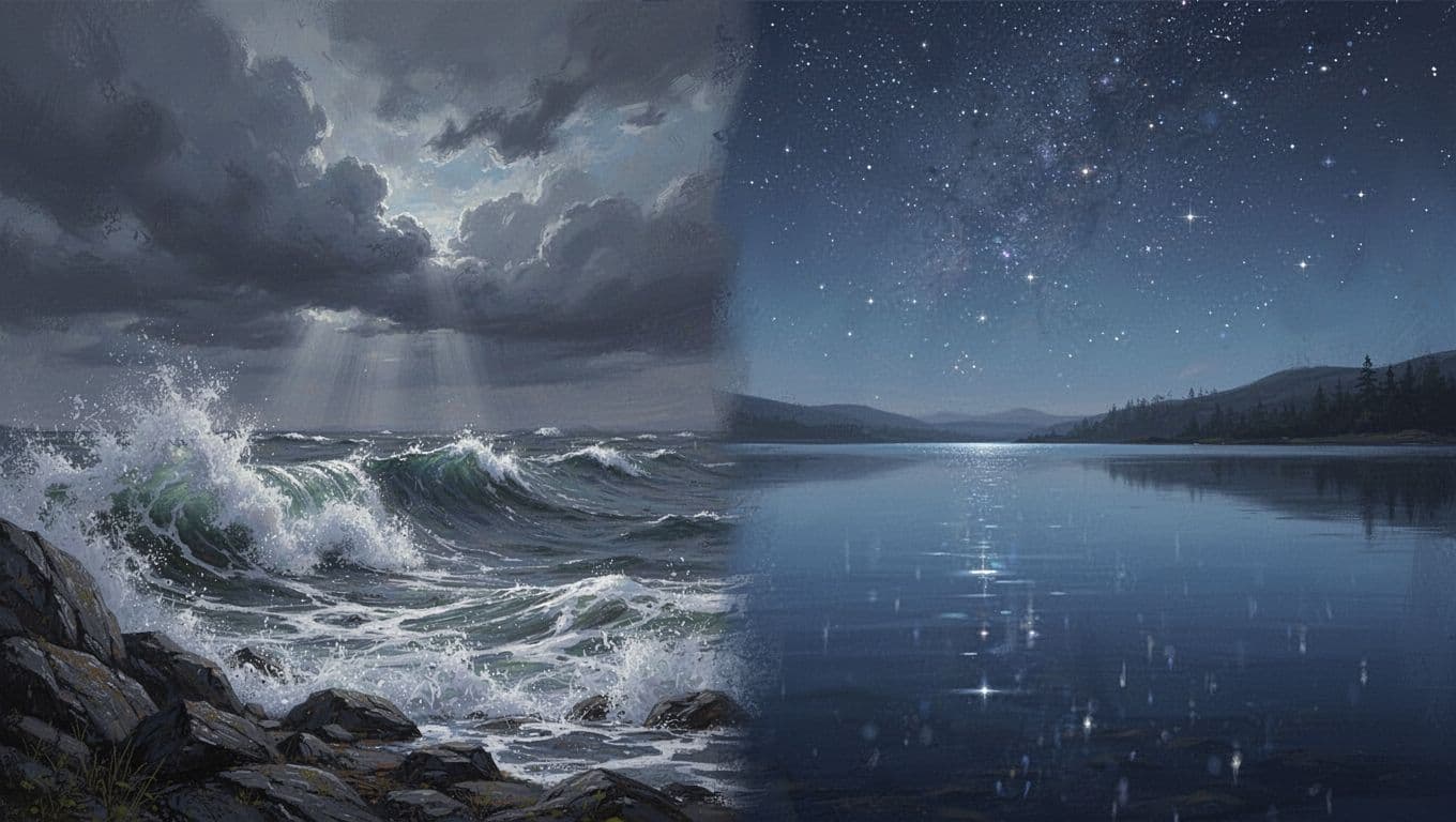 Split landscape shows crashing stormy waves on left, calm lake reflecting stars on right.