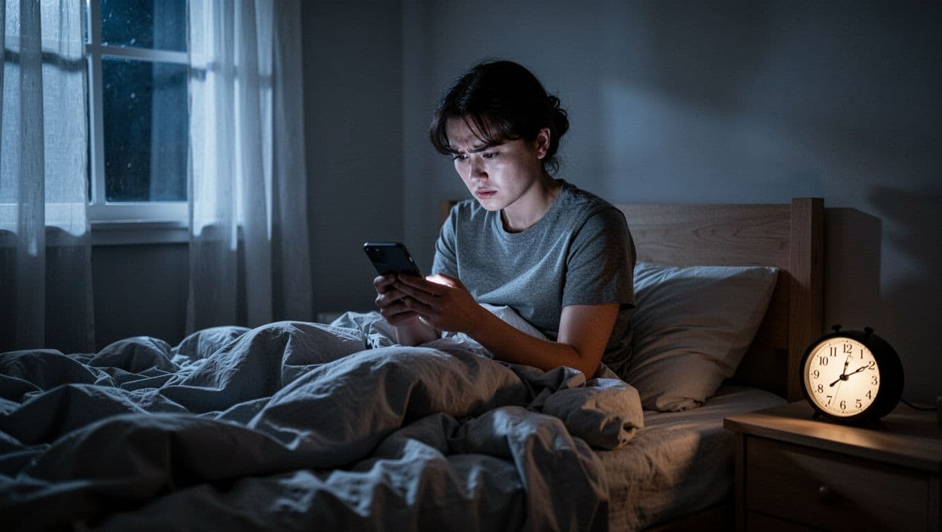 A lone person in a bedroom at night looks stressed while repeatedly checking their phone amid rumpled bedsheets, a late-hour clock, and soft blue moonlight filtering through the window.