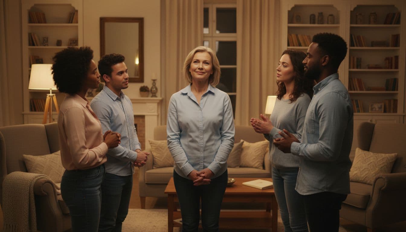 A middle-aged person stands calm and composed in a cozy living room, surrounded by friends who look to them for support in a wide shot emphasizing group reliance, with subtle signs of inner fatigue like shadowed eyes and tense shoulders.