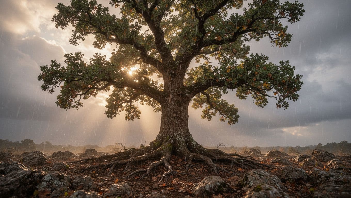 A sturdy oak tree with deep roots in rocky soil during a storm, branches steady against wind and rain, warm light breaking through clouds, symbolizing protection and stability, exactly no people, dramatic yet calming lighting, realistic style, no text.