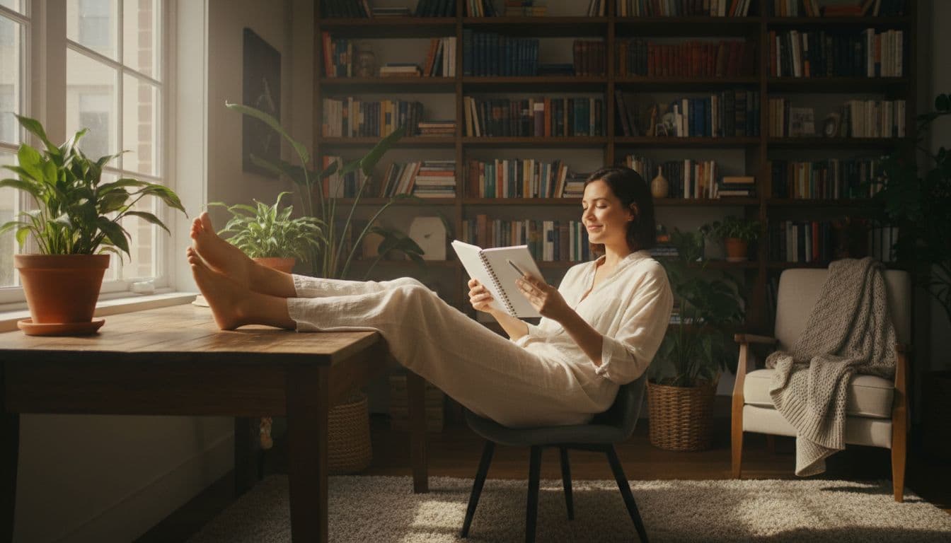 A content person rests with feet up on the desk in a sunlit home office, holding a notebook loosely with a calm smile, surrounded by plants and books, capturing peaceful solitude and daily self-care.